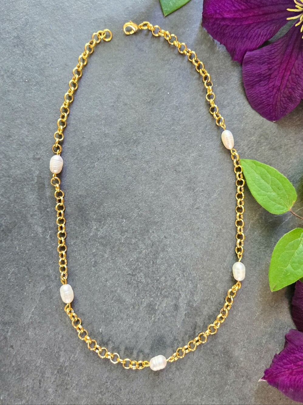 NWT Artisan Made 24k Gold Plated Pearl Station Choker - Picture 4 of 5